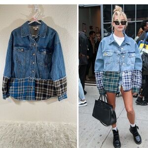 FOREVER 21 Denim Plaid Casual Jean Jacket Button Front & Chest Pockets Sz. S NEW